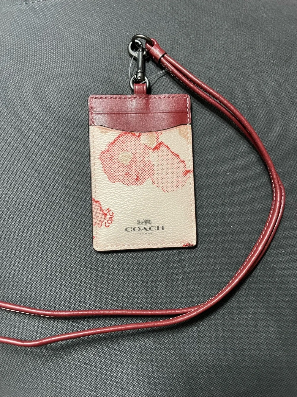 COACH Beige Floral Card Holder with Red Trim Lanyard